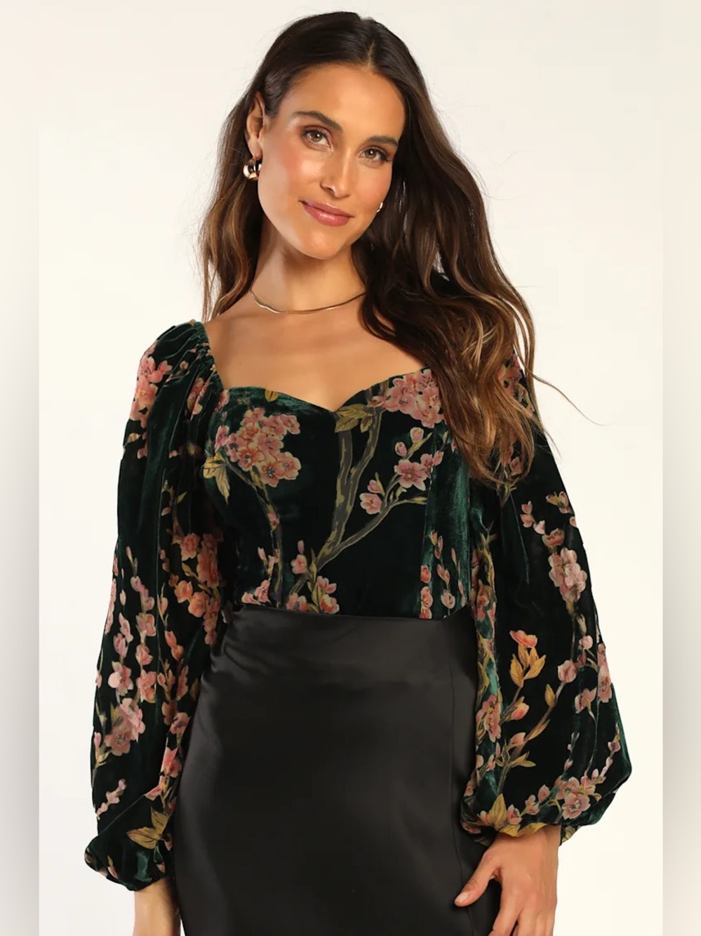 Lulu's Whimsigoth Dark Green Velvet Floral Puff-Sleeve Sweetheart Top Bodysuit